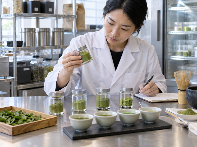 A matcha sample undergoing color, aroma, and package checks