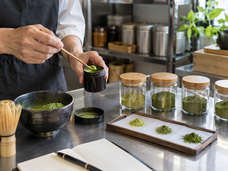 A quality team reviewing matcha shelf-life data before packaging approval