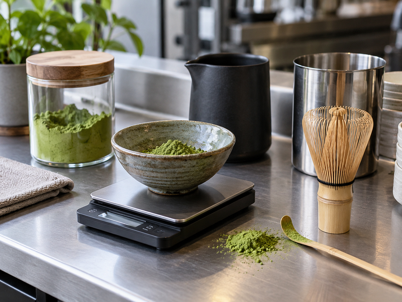 Matcha powder, prepared base and finished drink arranged as separate waste categories