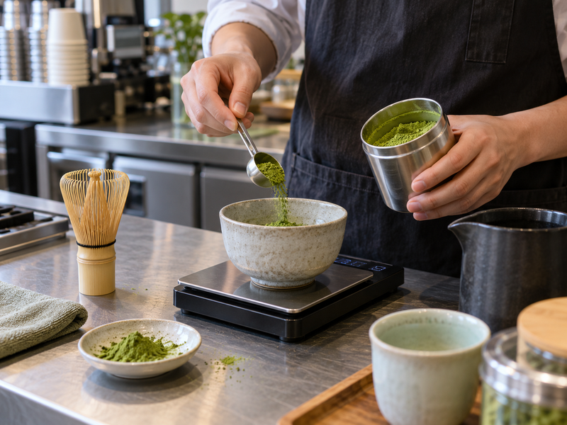 Dry matcha tools and weighed working tin at an organized cafe prep station