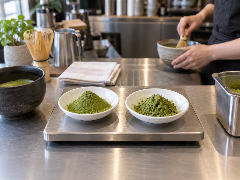Two small dated matcha base batches beside a service log and clean blender