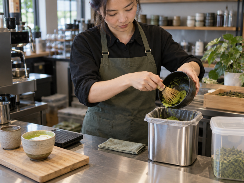 Cafe supervisor reviewing a concise matcha remake tally with bar staff
