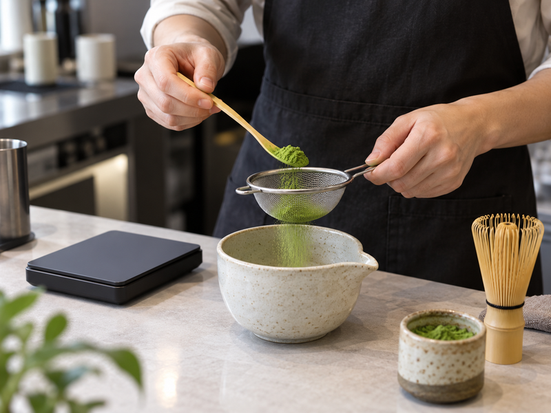 Barista sifting measured matcha into a spouted bowl