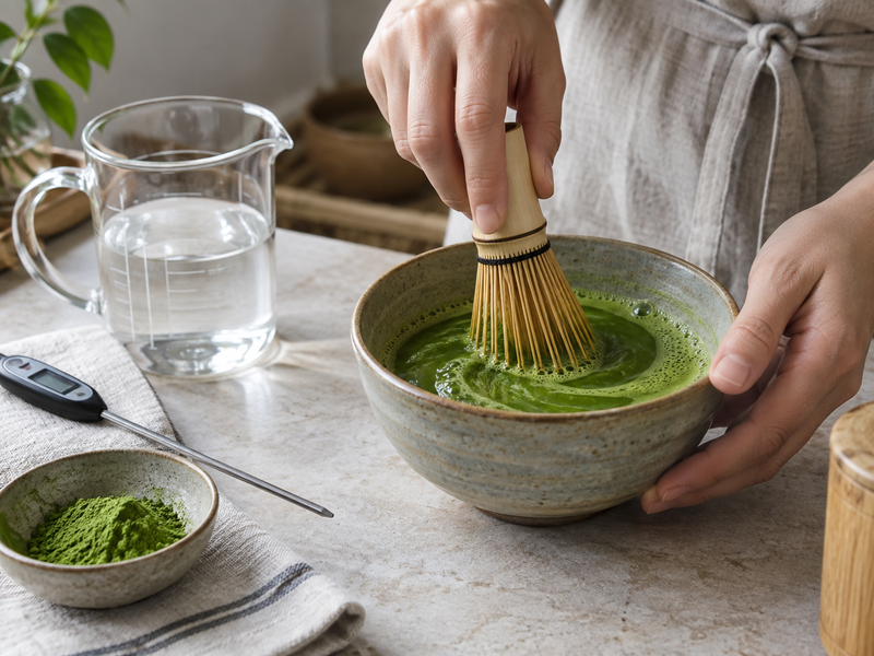 Whisked matcha tea base with measured water and thermometer