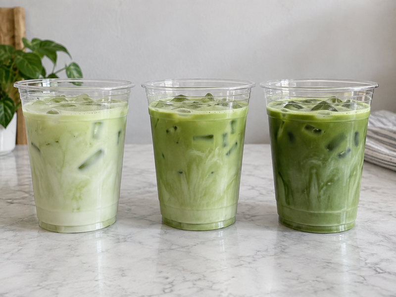 Three iced matcha latte cups compared at different strengths