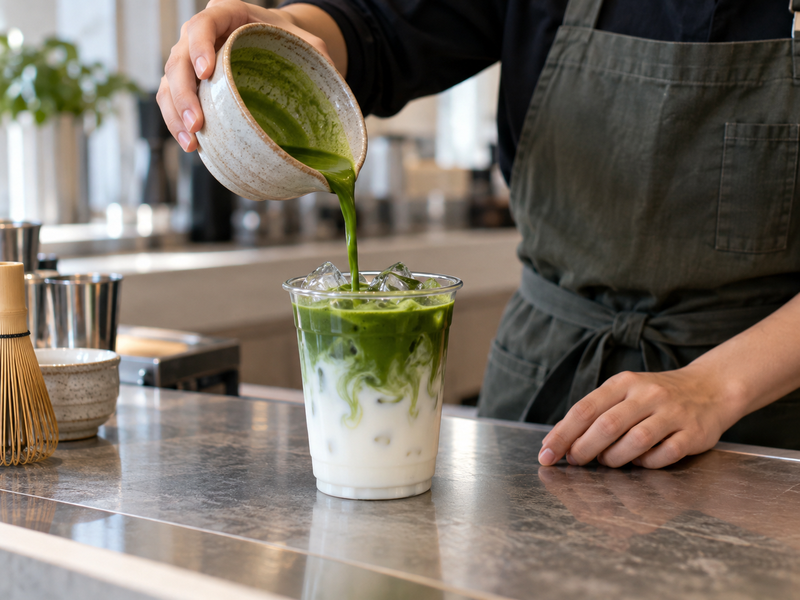 Barista pouring matcha over milk and ice