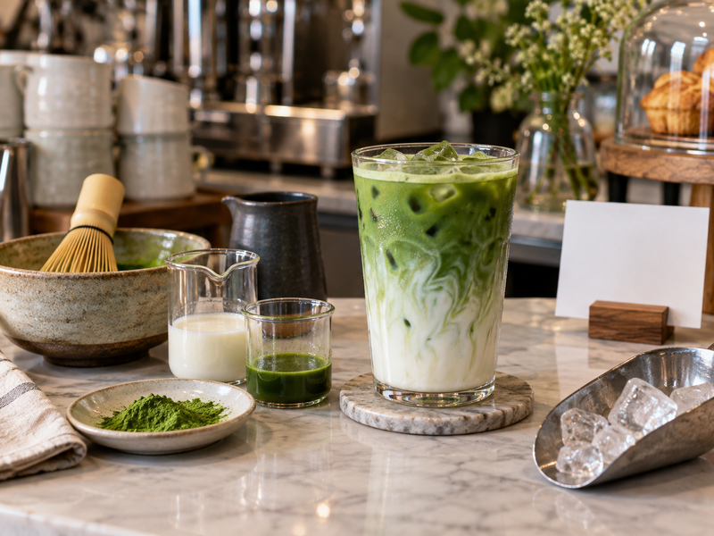 Completed iced matcha latte checked beside service tools