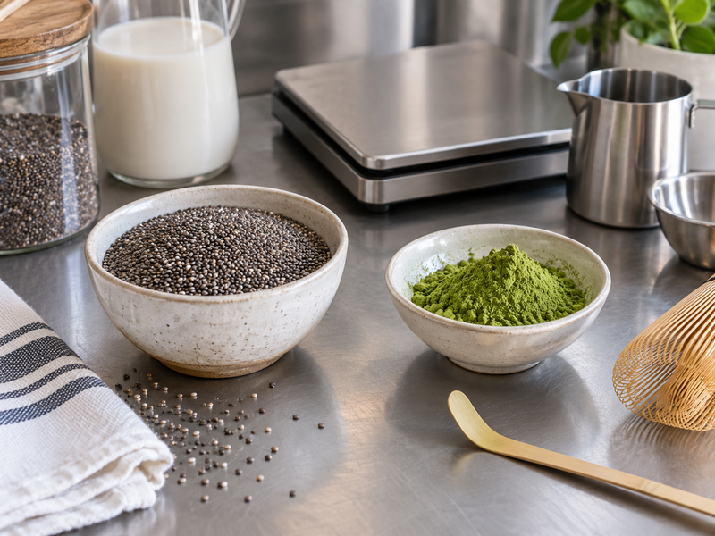 Separate bowls of chia seeds and matcha powder on a clean prep bench