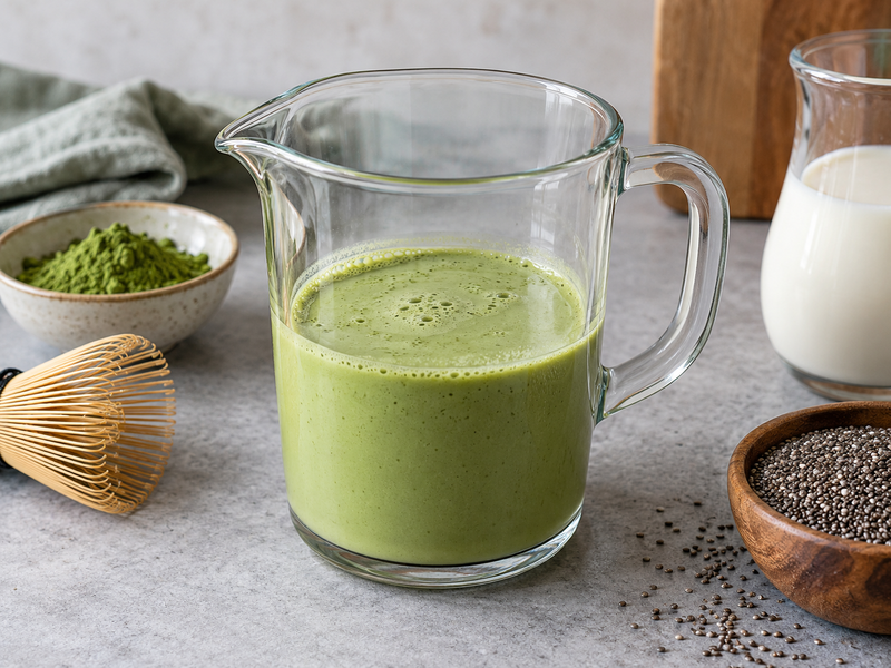 Smooth matcha slurry being blended with milk before chia is added