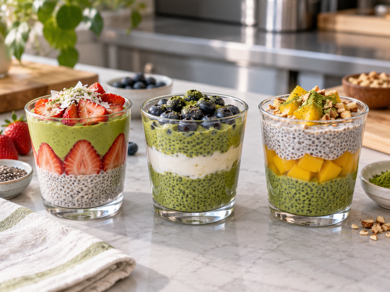 Three matcha chia pudding prototypes with different fruit layering