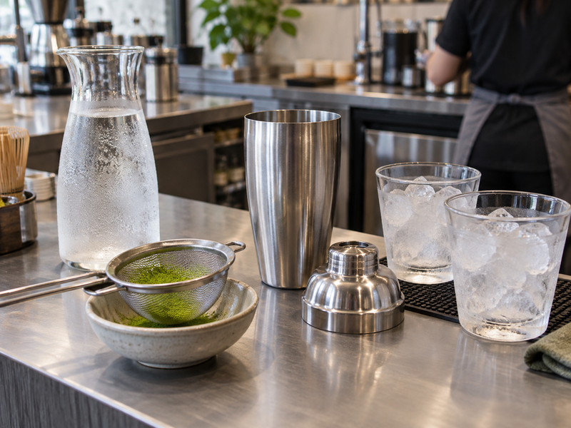 Cold mixed matcha in a clear cafe glass