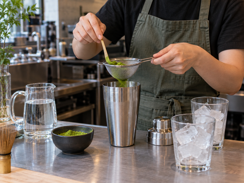 Weighed matcha and chilled water for a drink trial