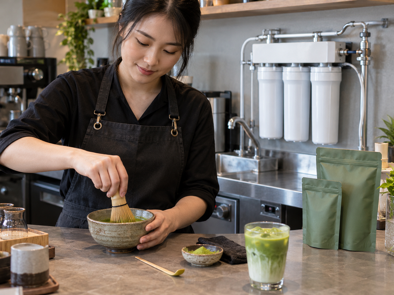 Labeled cold matcha batch in a cafe refrigerator