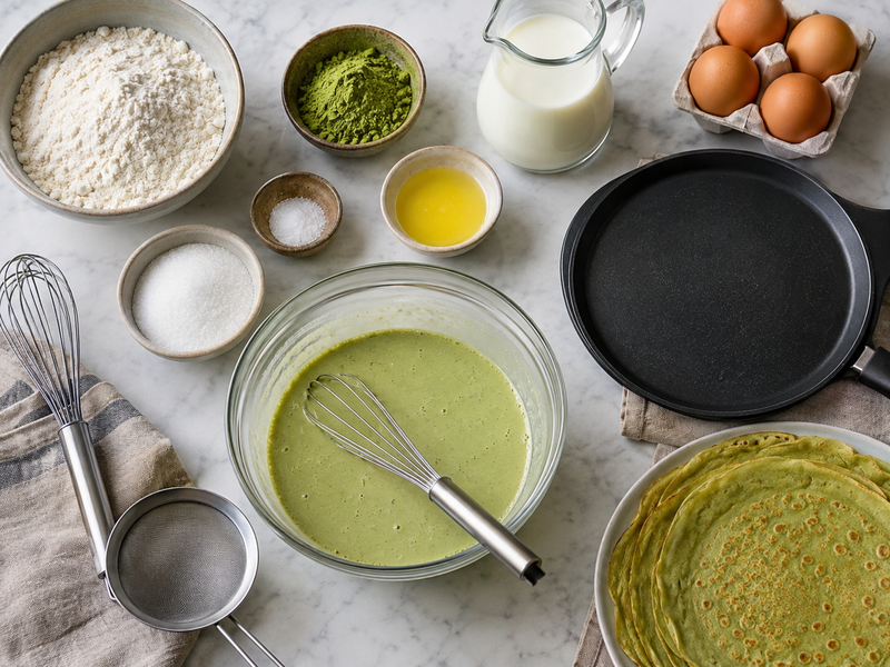 Thin matcha crepe folded around cafe filling