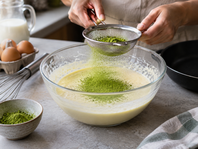 Matcha sifted into a smooth crepe batter