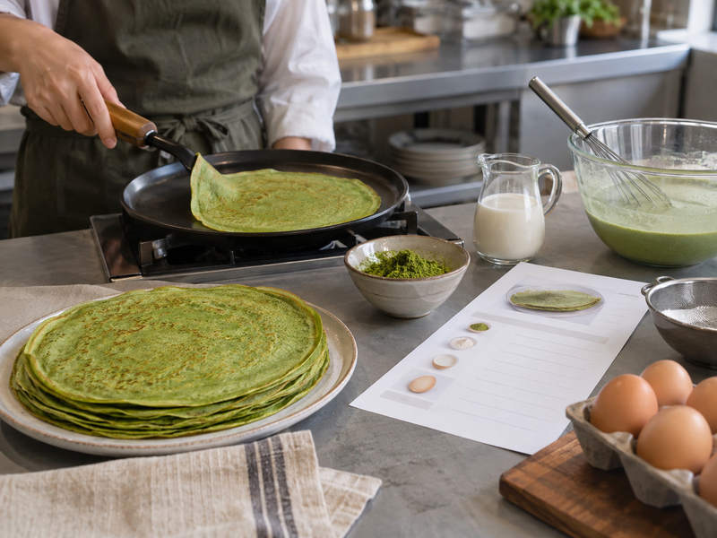 Matcha crepe yield and ingredient sheet beside the pan