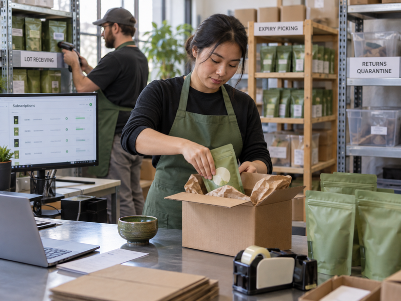 A picker checking date codes on two matcha tin lots before fulfillment