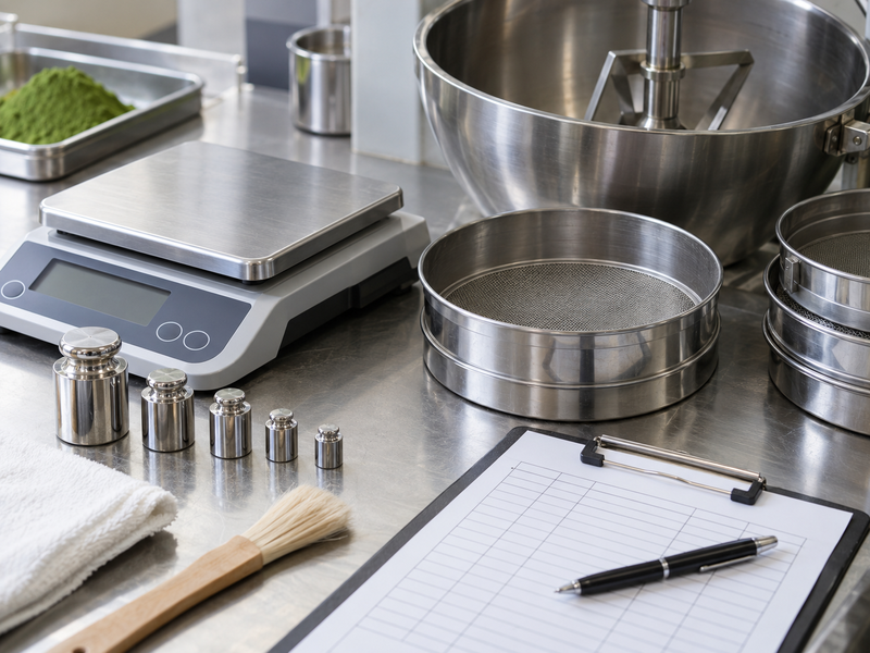 Matcha equipment calibration maintenance register beside an identified scale, sifter and mixer