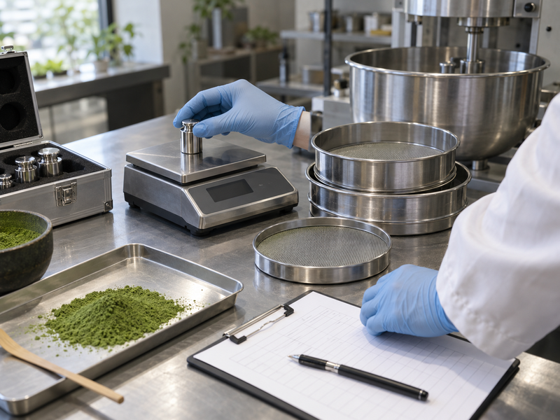 Technician checking a bench scale used for matcha formulation with a labeled reference mass