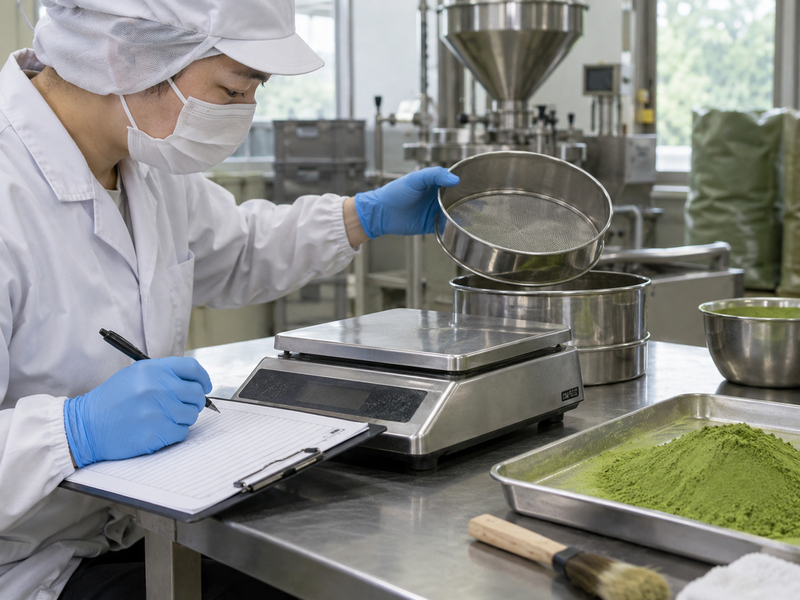 Quality staff inspecting matcha blend mixer paddles and recording setpoint and actual run data