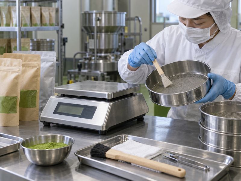 Maintenance technician pausing a matcha packaging line to inspect a faulty sensor and document repair