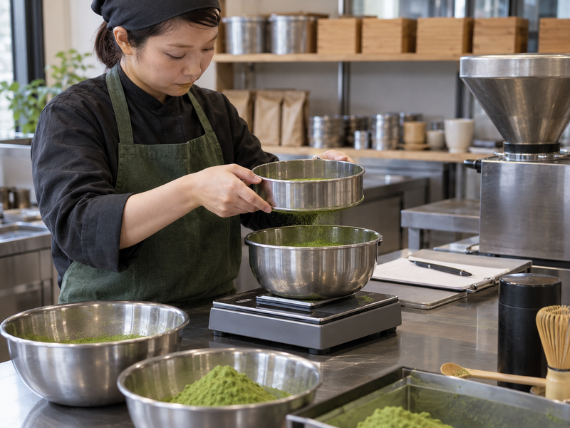 Quality lead reviewing held matcha lots after a calibration failure, with traceable scale records
