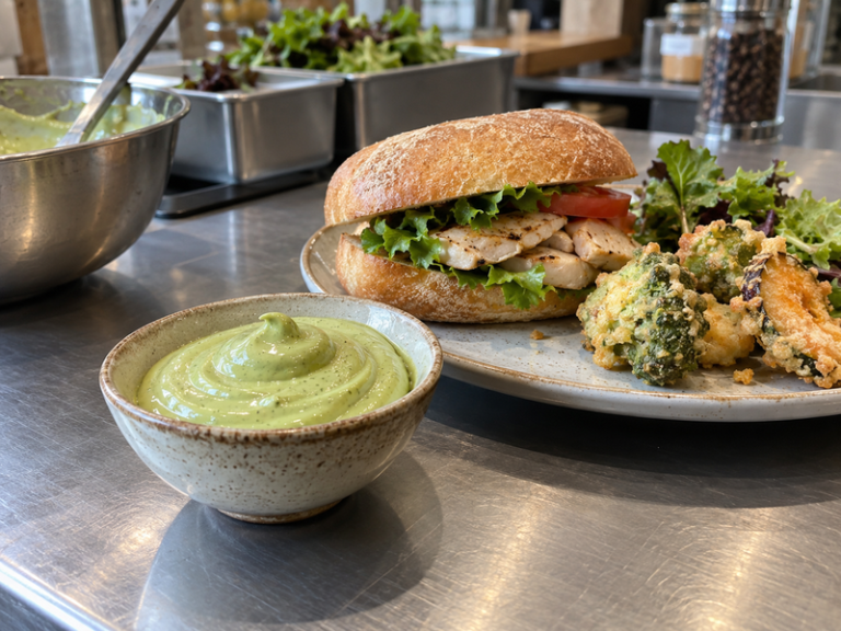 Matcha mayonnaise served with savory sandwich and fried vegetable bites