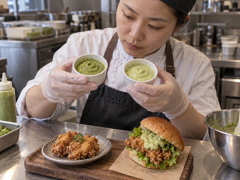Matcha mayonnaise portions tested with a savory foodservice dish