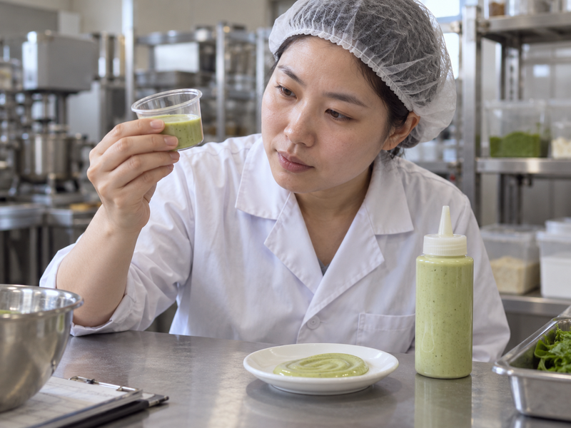 Commercial matcha mayonnaise emulsion checked for consistency