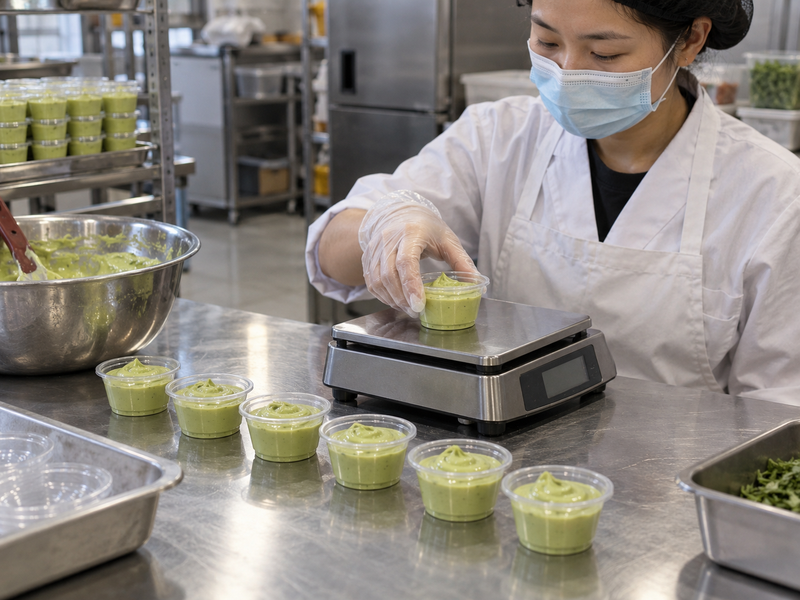 Filled matcha mayonnaise portions checked for saleable yield