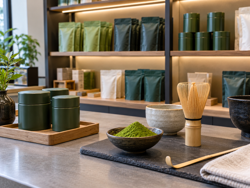 A compact matcha retail shelf with clearly separated powder formats and preparation tools