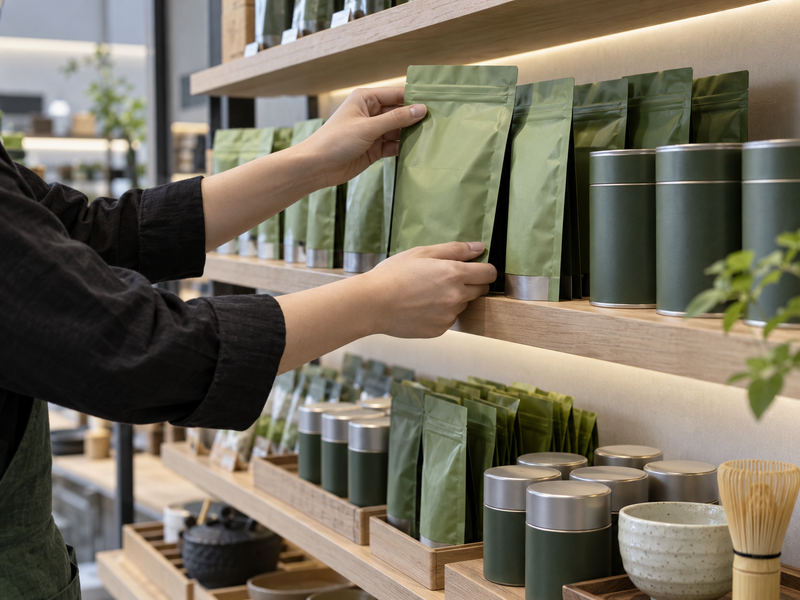 Retail worker checking an opaque matcha tin and nearby shelf lighting