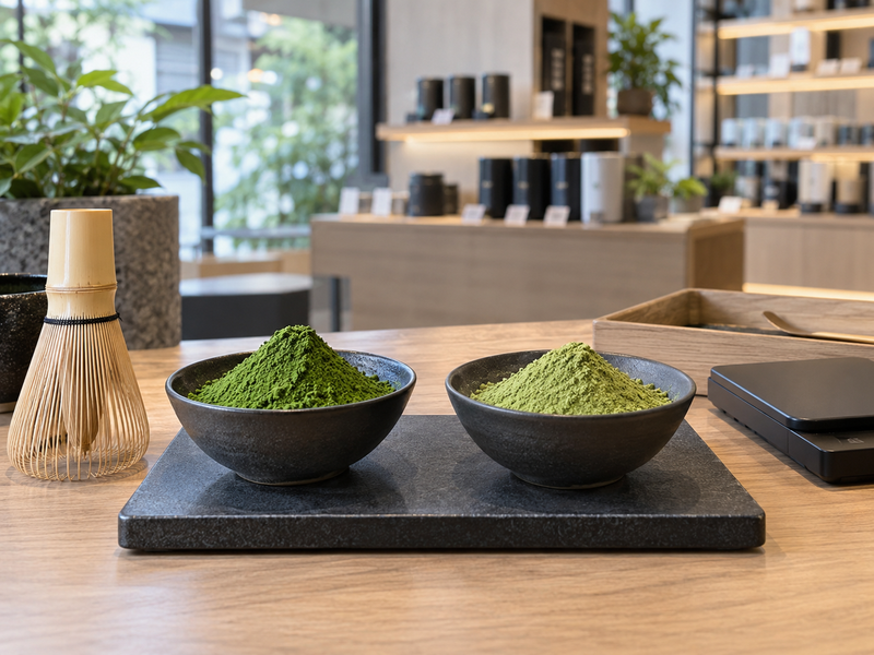 Retail employee rotating sealed matcha tins while checking lot codes