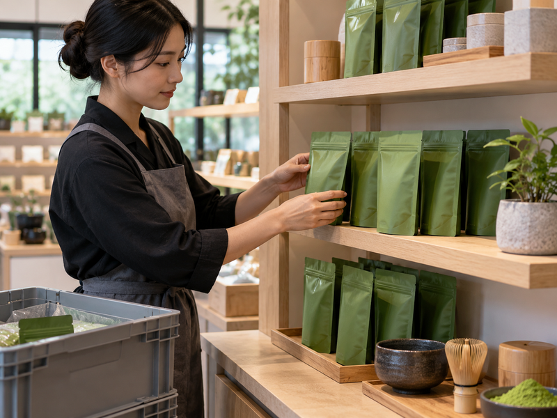 Retail staff explaining two labeled matcha packs to a shopper at a tea counter