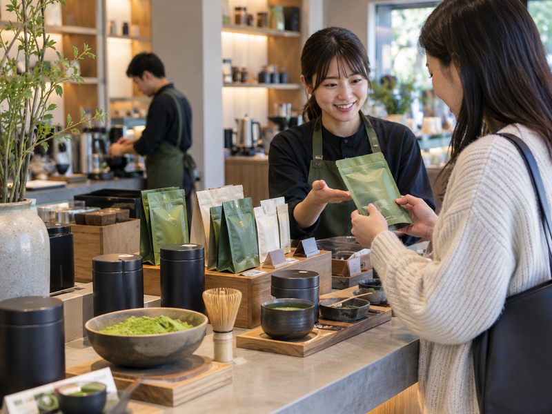Retail manager comparing sales and freshness records beside a matcha shelf