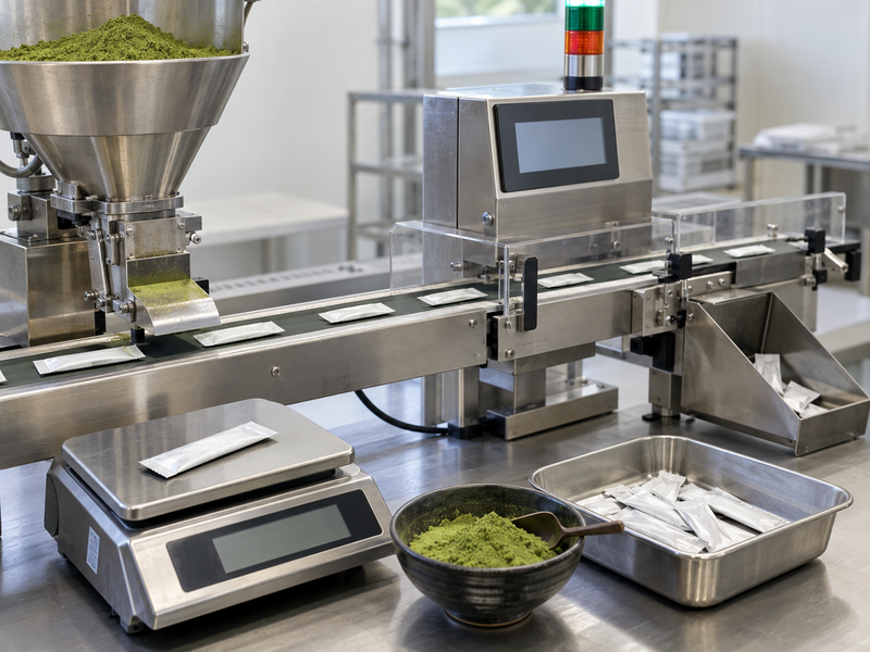 Matcha sachet on a calibrated scale beside net weight and gross weight records