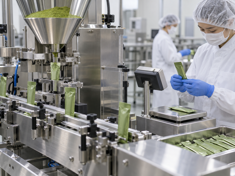 Checkweigher reject lane with labeled matcha sachet hold container and count log