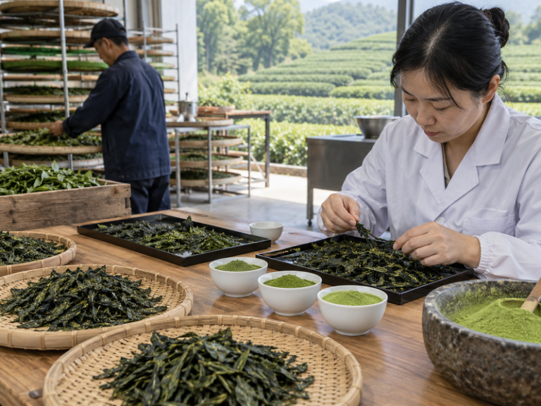 Illustrative matcha scene for matcha tea production article