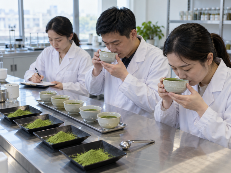 Sensory team comparing matcha samples for regional sourcing
