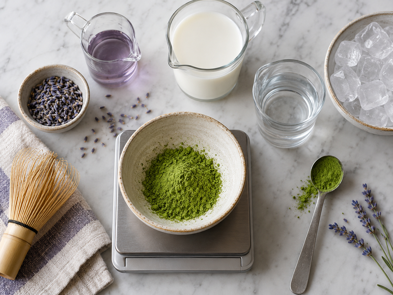 Lavender matcha latte ingredients measured for a café recipe