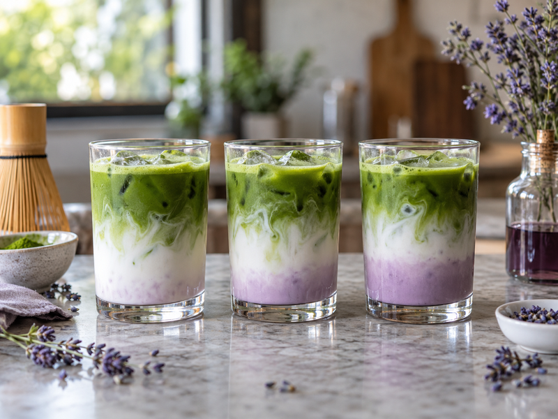 Three lavender syrup trial doses in iced matcha milk glasses