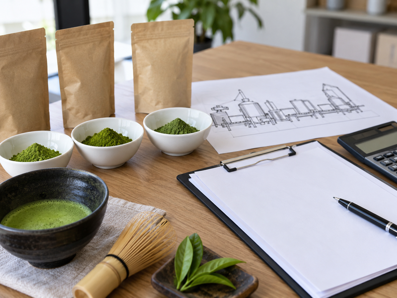 Three matcha production scope diagrams for pack-only, mill-and-pack and tencha finishing