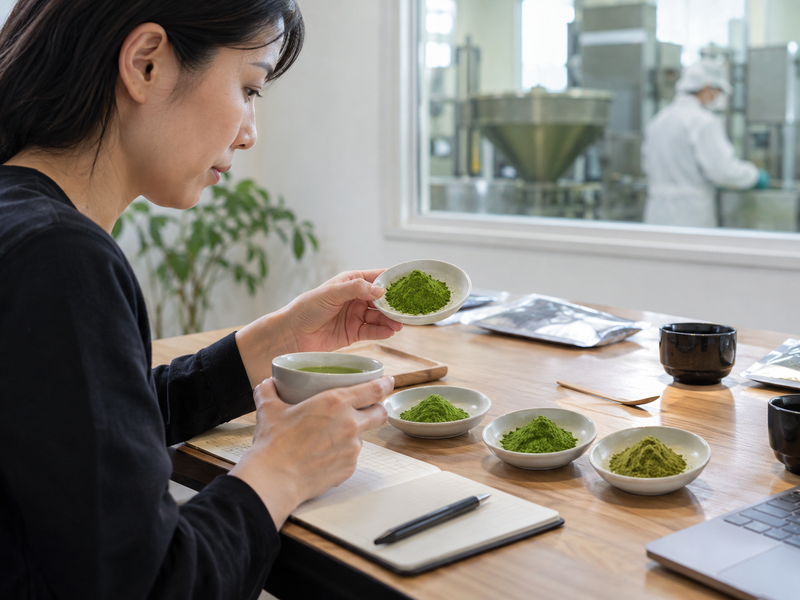 Staged matcha sourcing plan moving from OEM finished goods to an evaluated packing line