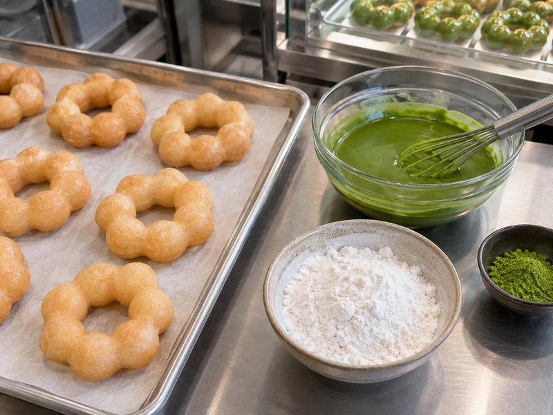 Matcha mochi donuts showing a chewy cut center