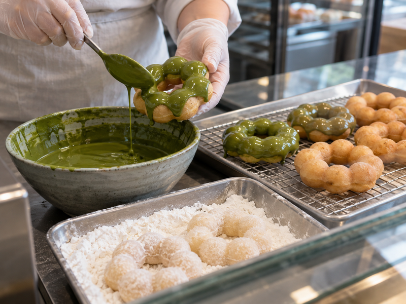 Matcha powder beside donut dough and glaze samples