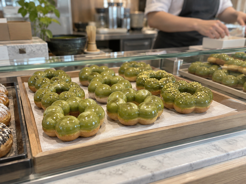 Matcha glaze applied to cooled mochi donuts