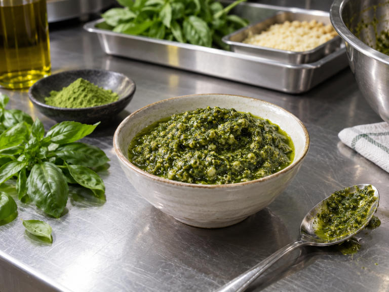 Finished matcha pesto in a bowl at a Mainland Chinese restaurant kitchen