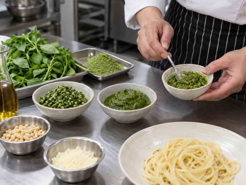 Restaurant development samples of matcha pesto and pasta