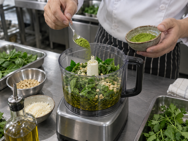 Chef adding weighed matcha powder to a herb and oil pesto mixture