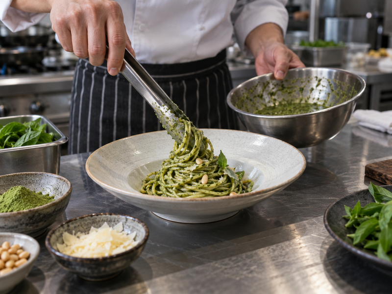 Chef plating pasta with a modest portion of matcha pesto